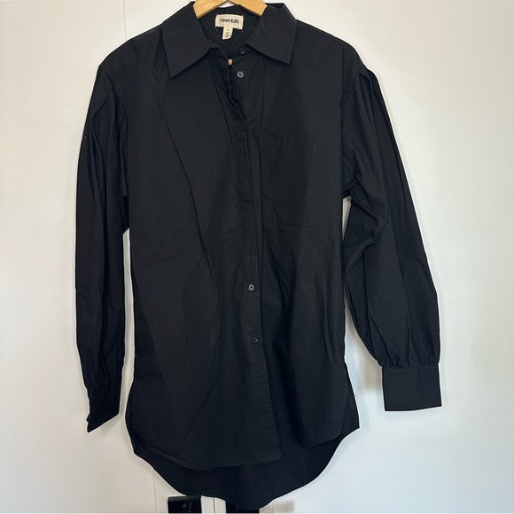 Open Edit 100% Cotton Poplin Oversize Button Down Blouse Small Black puff sleeve - Picture 1 of 8
